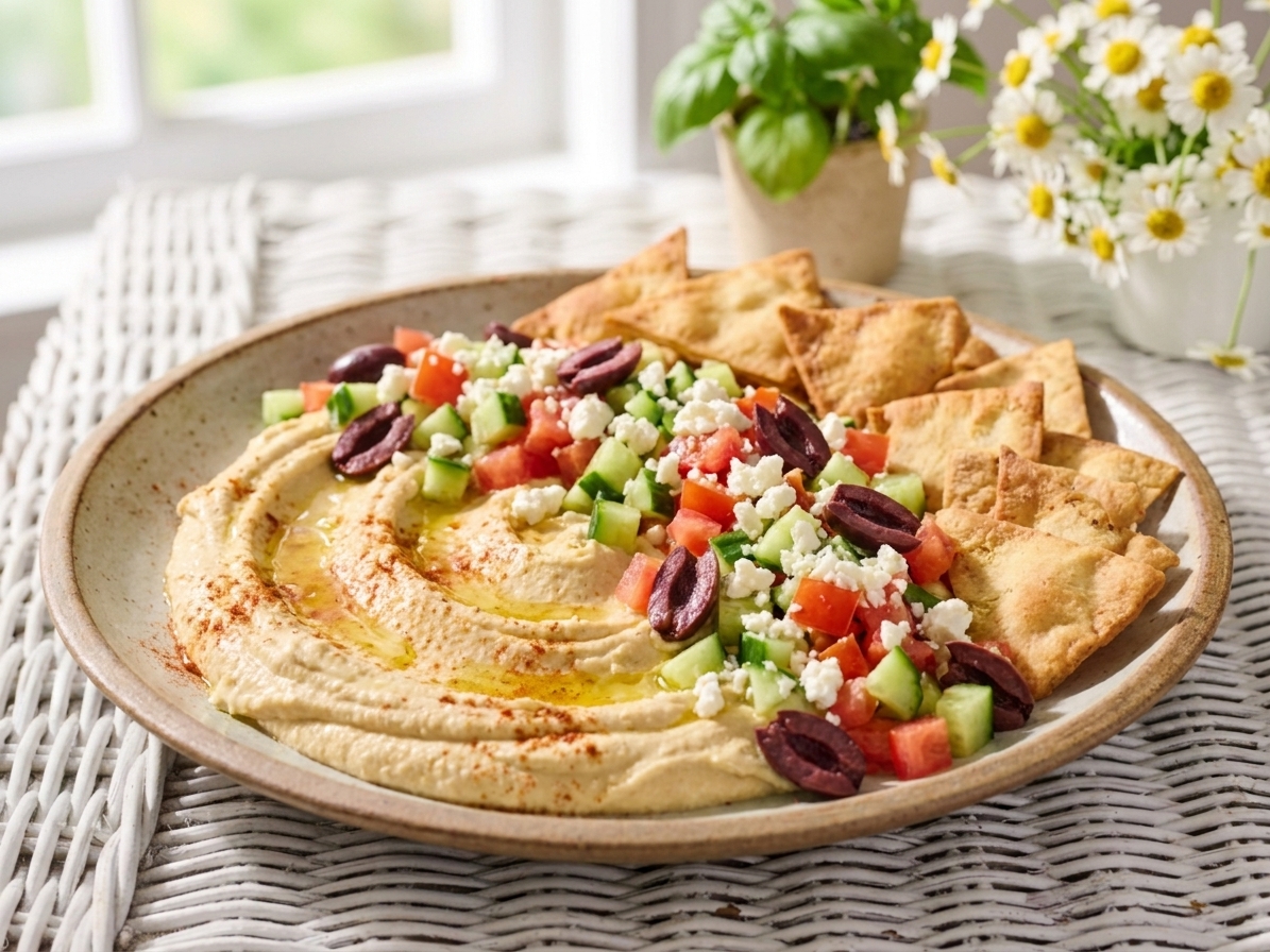 A large platter with hummus spread in the center, topped with chopped cucumbers, tomatoes, feta, and olives with pita chips around it