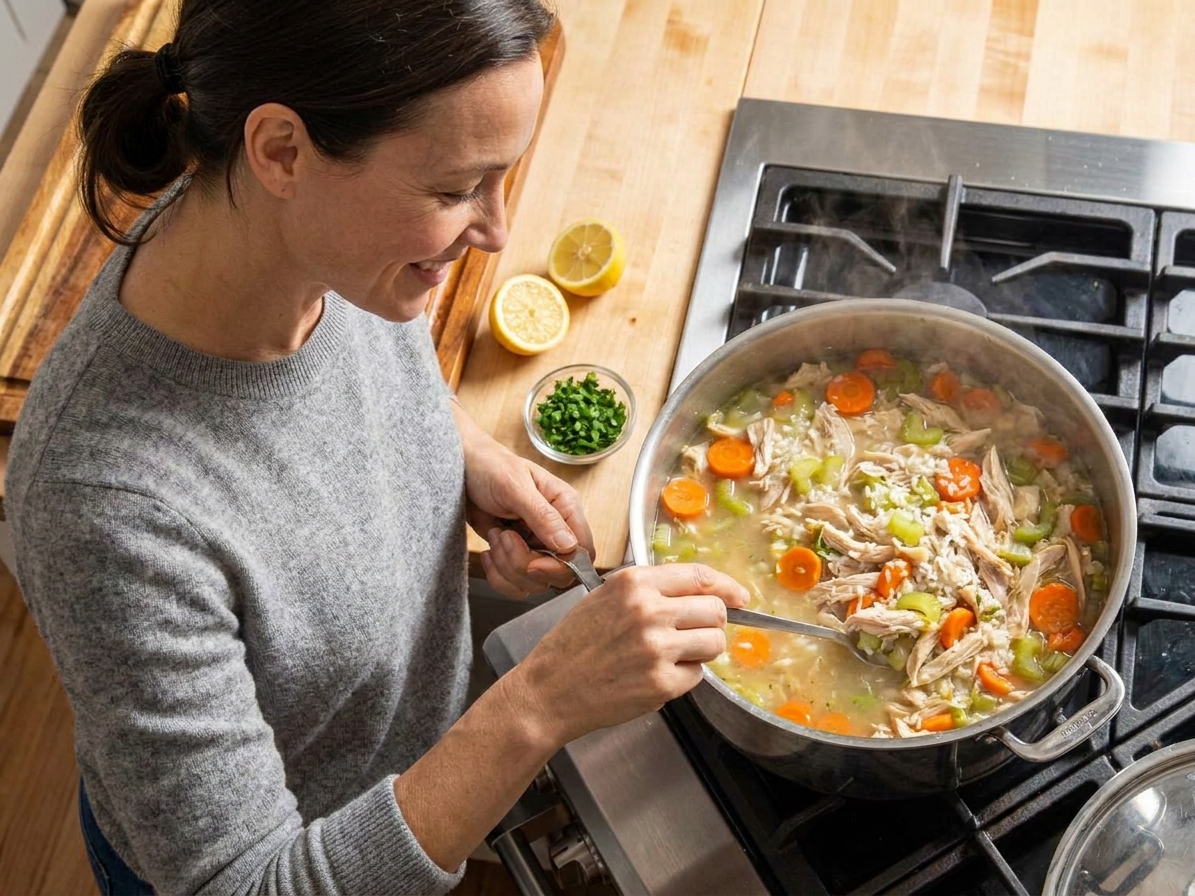 A large pot of chicken and rice soup simmering on the stove with visible carrots, celery, shredded chicken, and lemon halves on the counter