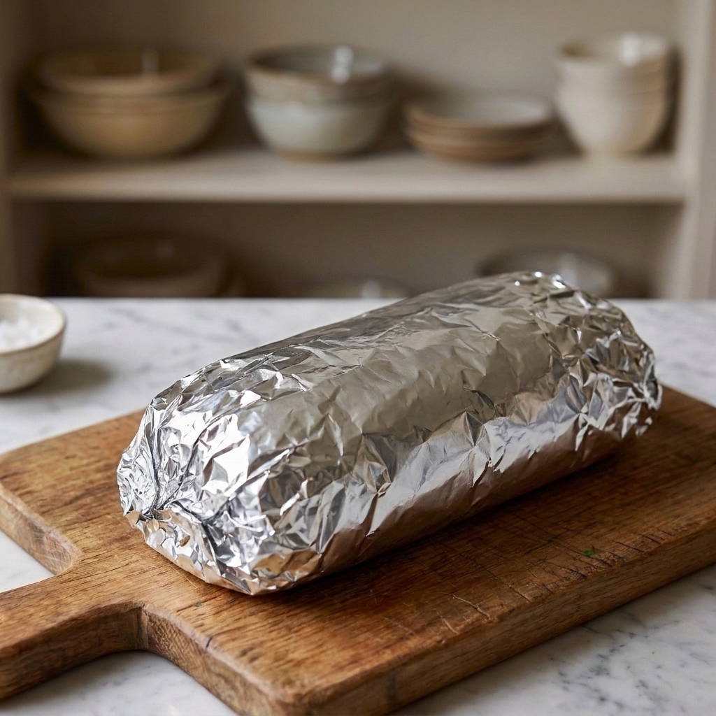 A loaf of buttered garlic bread wrapped tightly in foil on a kitchen counter, ready to freeze