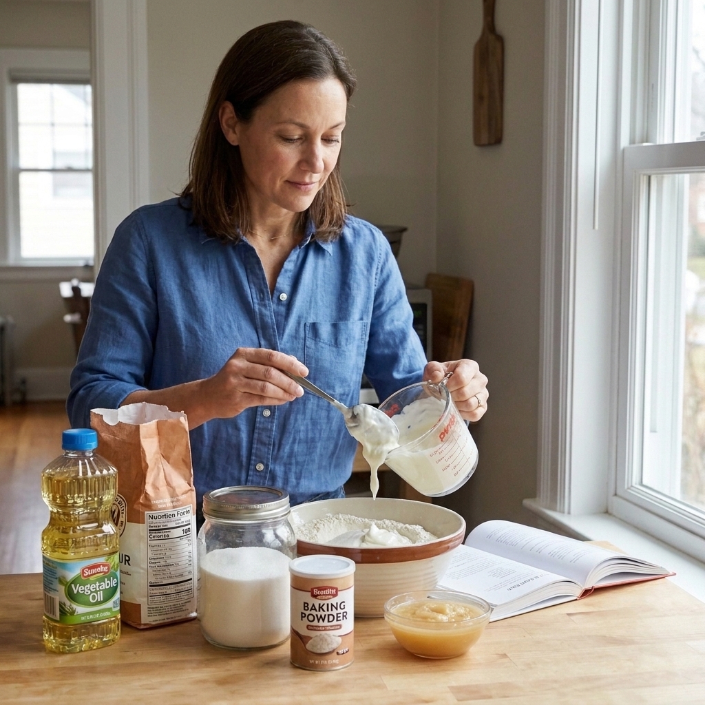 A measuring cup of plain yogurt being spooned into a mixing bowl of flour and sugar on a kitchen counter