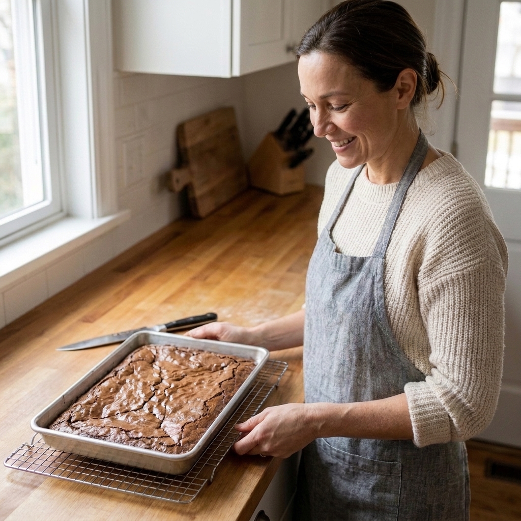 A metal 9 x 13-inch baking pan filled with baked brownies cooling on a wire rack