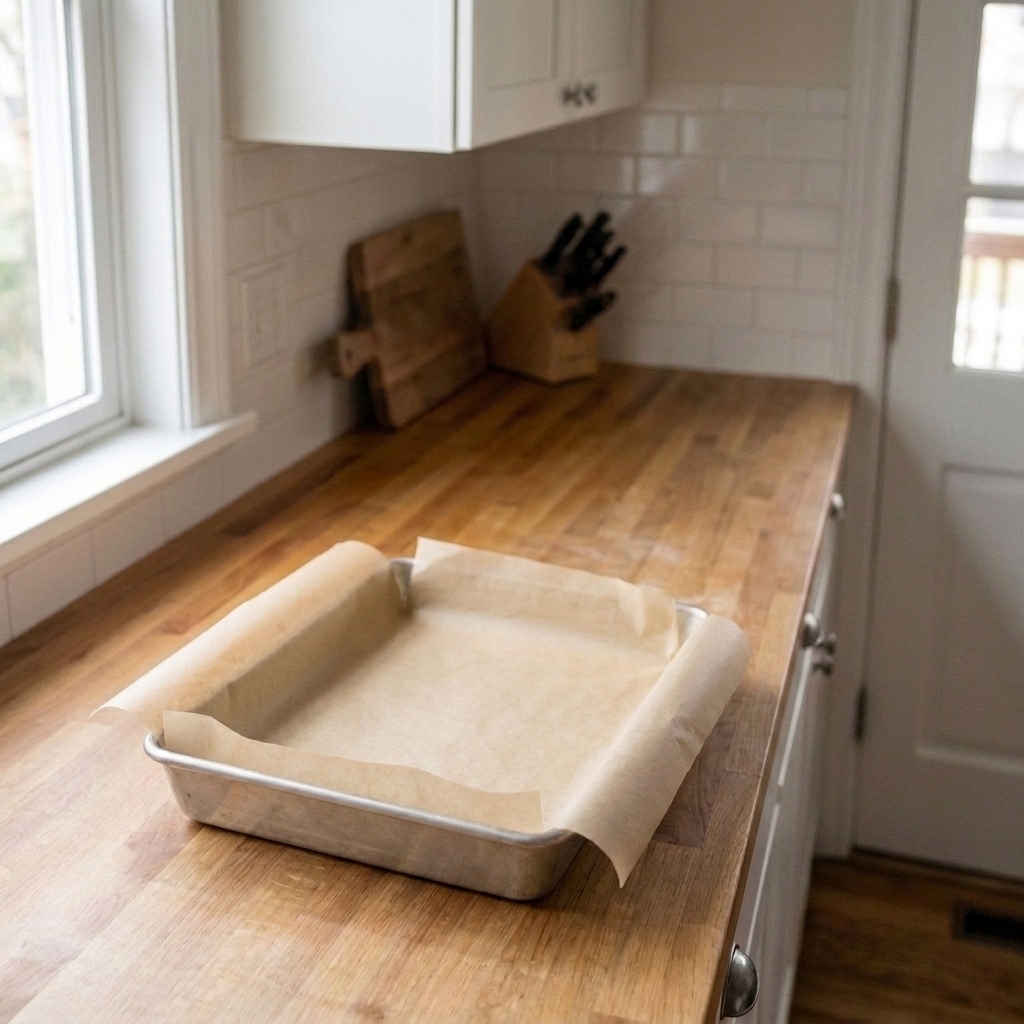 A metal baking pan lined neatly with parchment paper, with the paper tucked into the corners for easy lifting