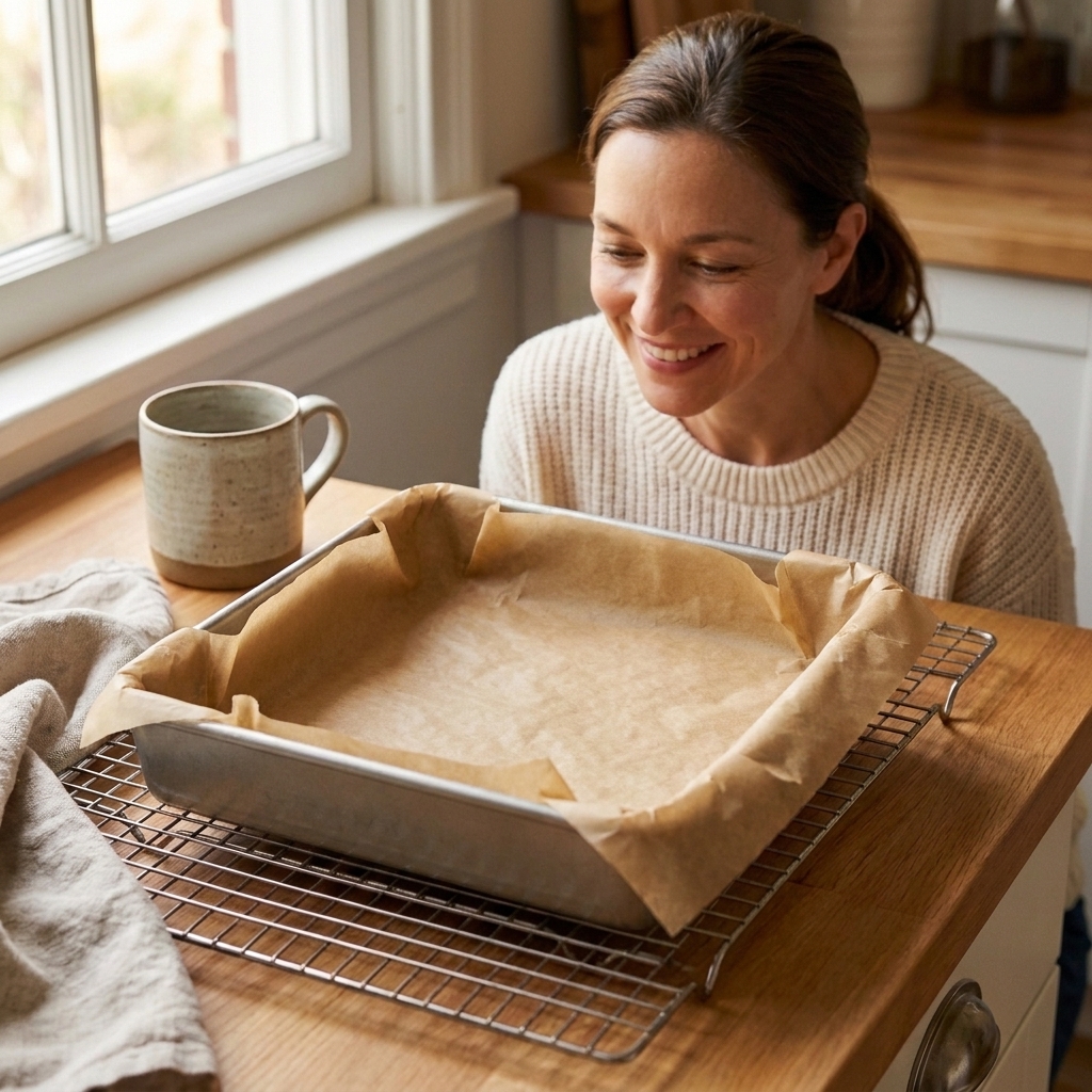 A metal baking pan lined with parchment paper with overhang, sitting on a kitchen counter ready for brownie batter