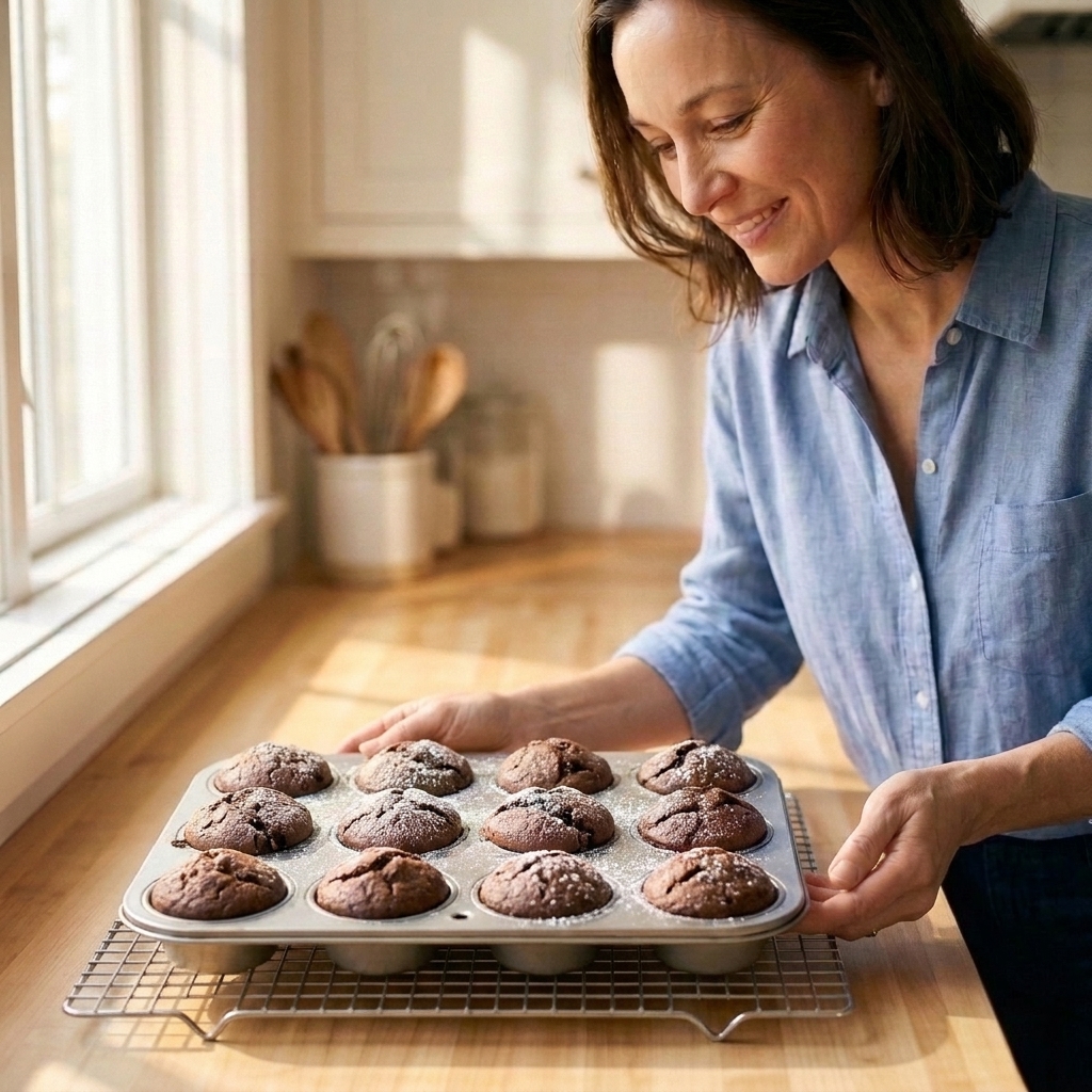 A mini muffin tin filled with baked brownie bites cooling on a kitchen rack