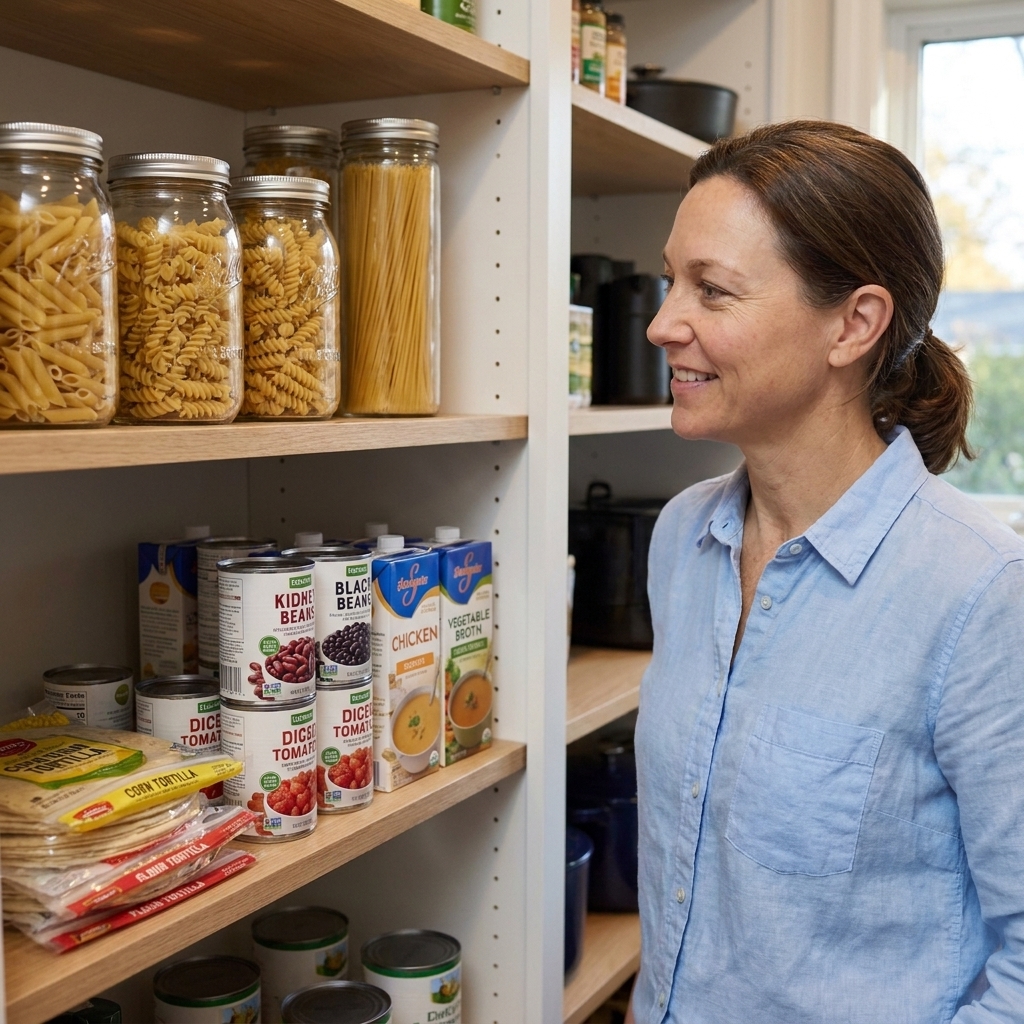 A neat pantry shelf with pasta, canned beans, canned tomatoes, broth cartons, and tortillas stacked for easy weeknight meals