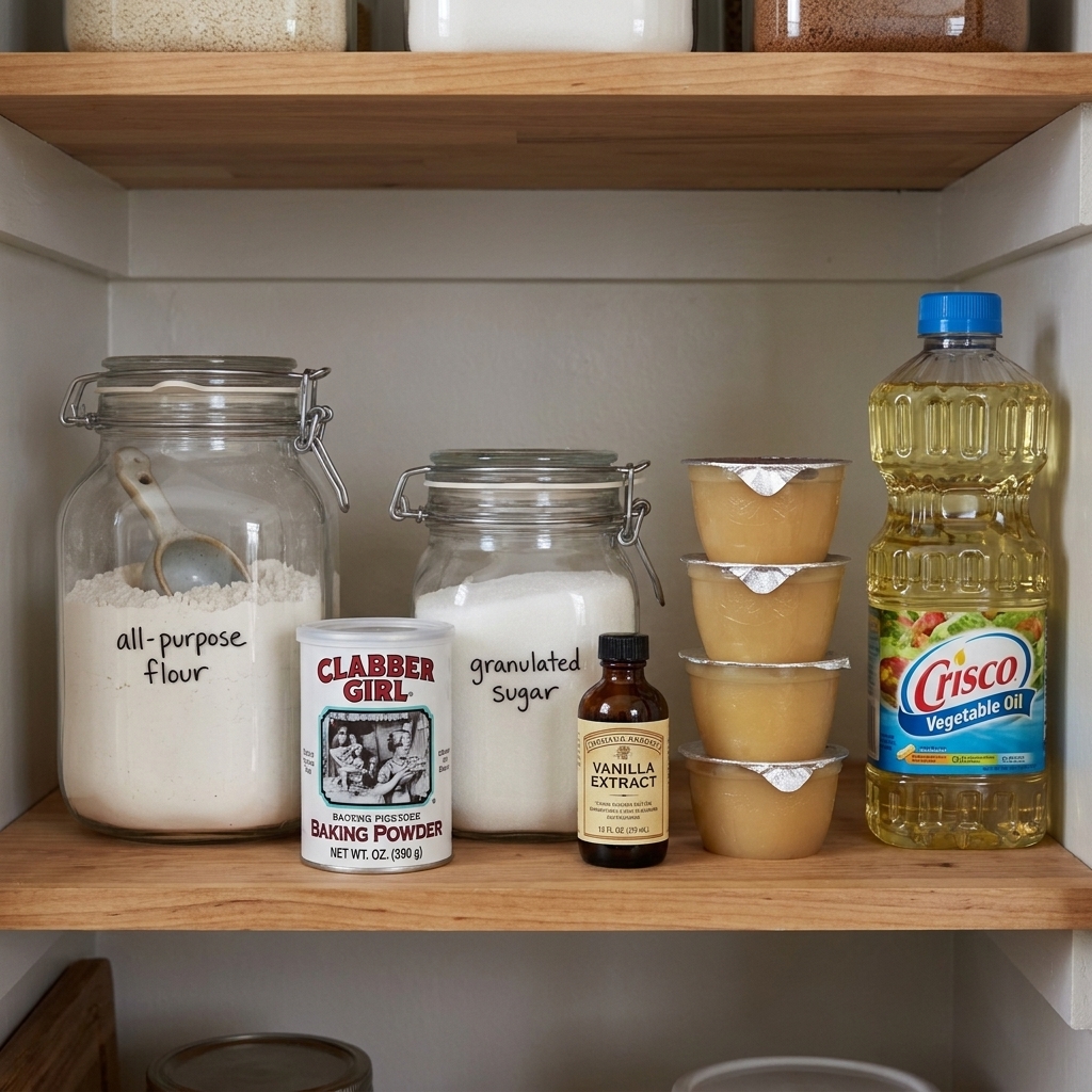 A neatly organized kitchen pantry shelf with jars of flour and sugar, baking powder, vanilla extract, applesauce cups, and cooking oil