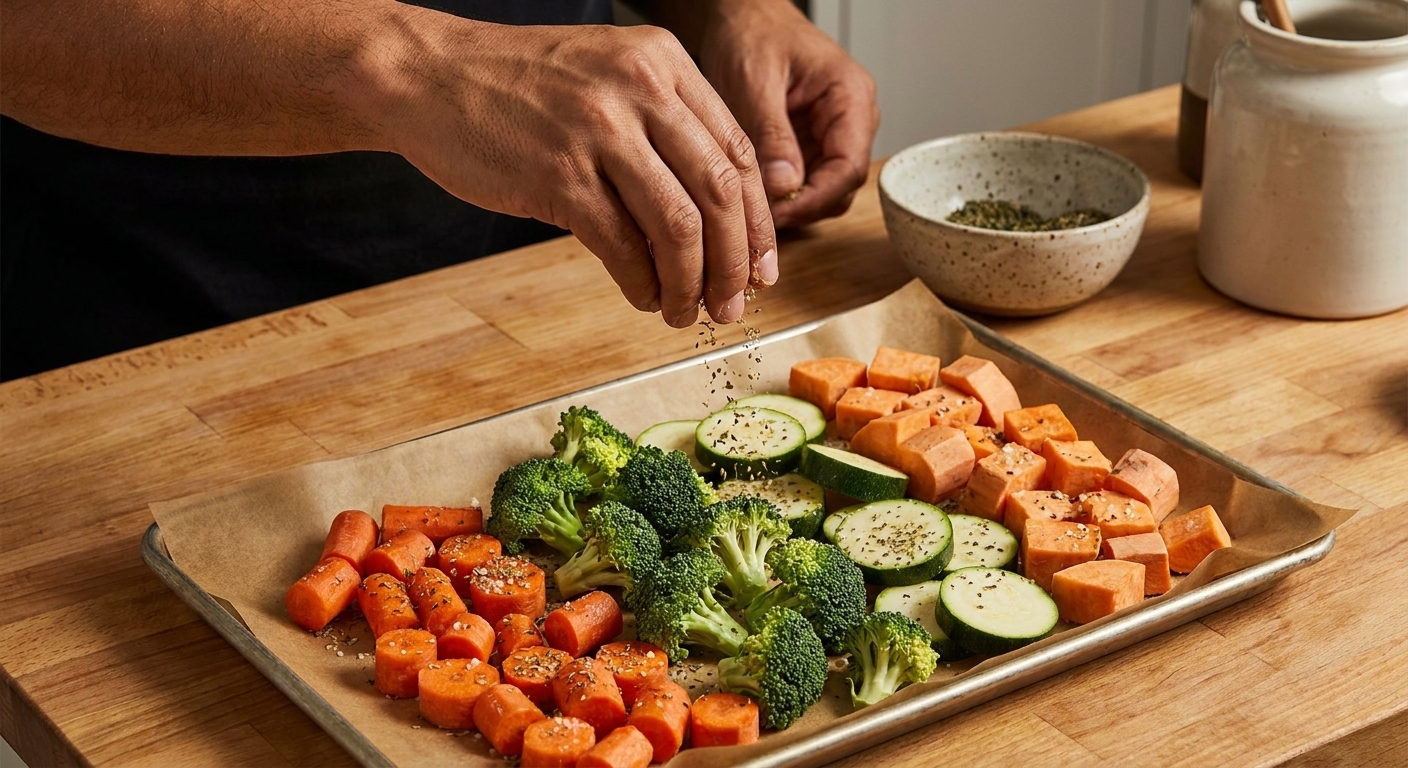 A pair of adult hands sprinkling seasoning over chopped vegetables on a parchment-lined sheet pan