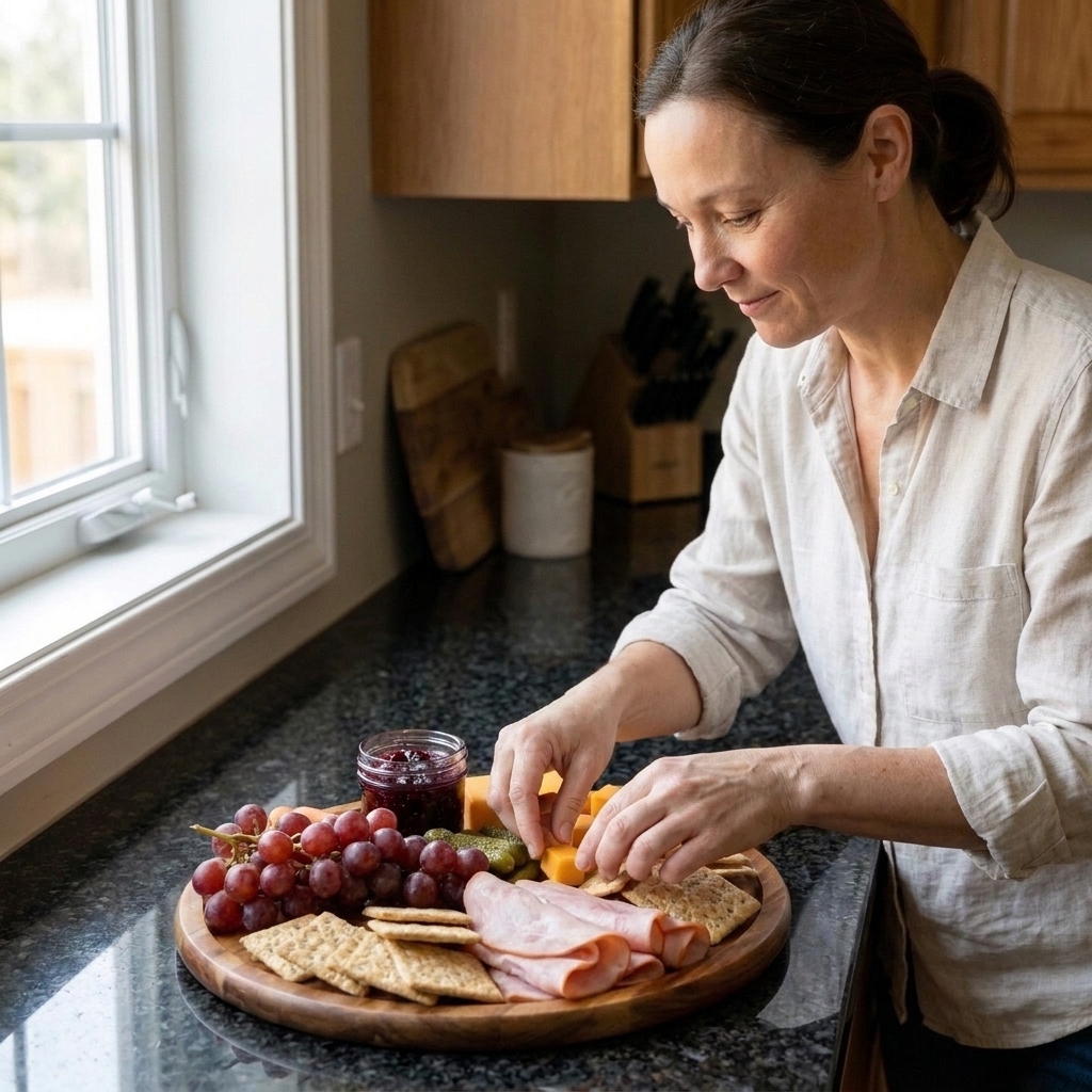 A pair of hands arranging crackers and cheese cubes on a wooden charcuterie board on a kitchen counter