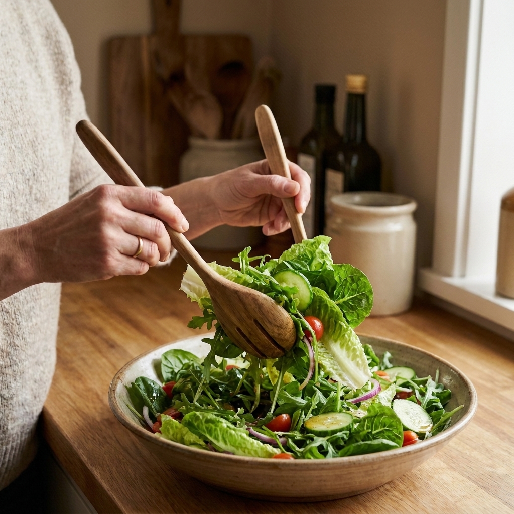 A pair of hands tossing a simple green salad in a large bowl on a kitchen counter