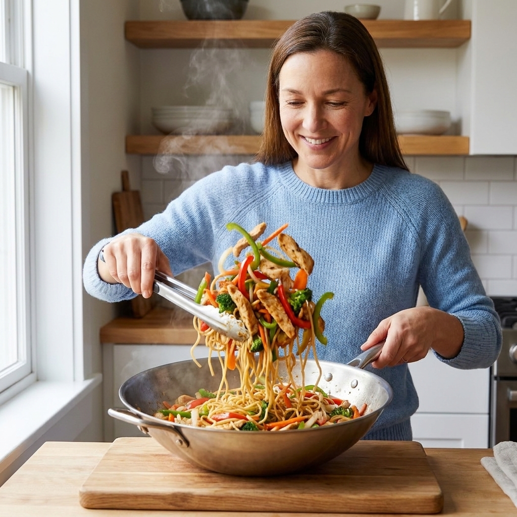 A pan of stir-fry noodles with chicken strips and mixed vegetables being tossed with tongs