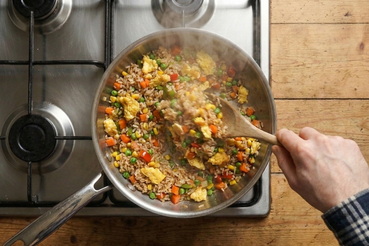 A pan of vegetable fried rice with scrambled egg being stirred with a wooden spoon, with steam visible