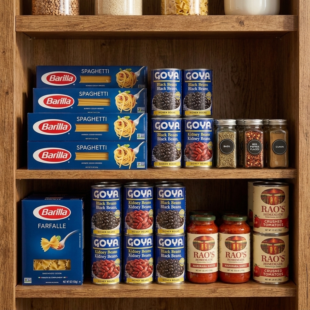 A pantry shelf neatly stocked with pasta boxes, canned beans, canned tomatoes, and a small row of seasonings, photographed straight on