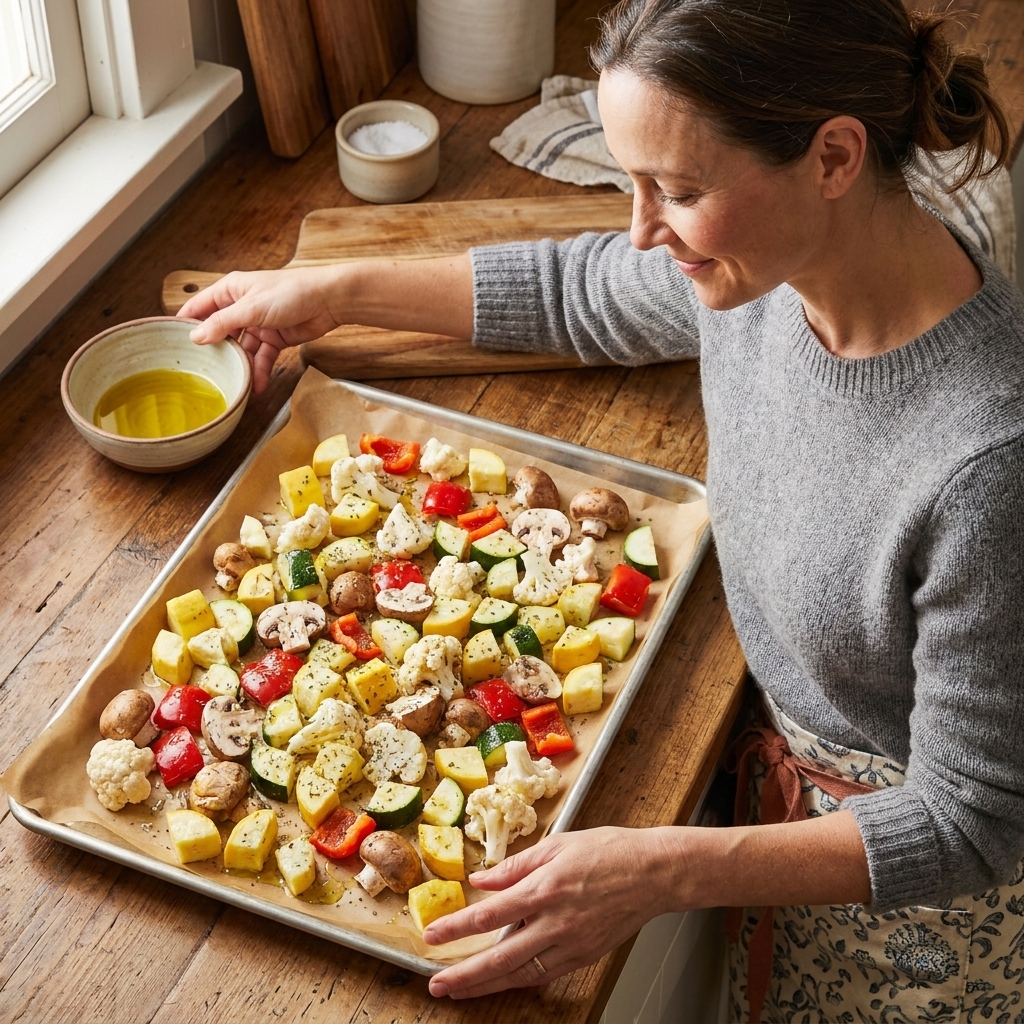 A parchment-lined sheet pan on a kitchen counter with chopped vegetables ready to roast
