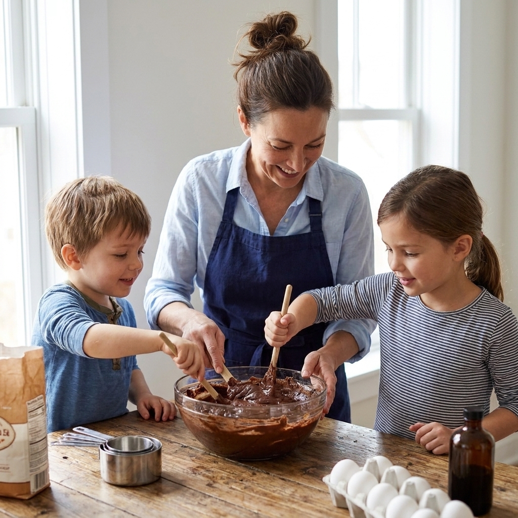 A parent and two kids stirring a bowl of chocolate mixture at a kitchen counter with measuring cups nearby
