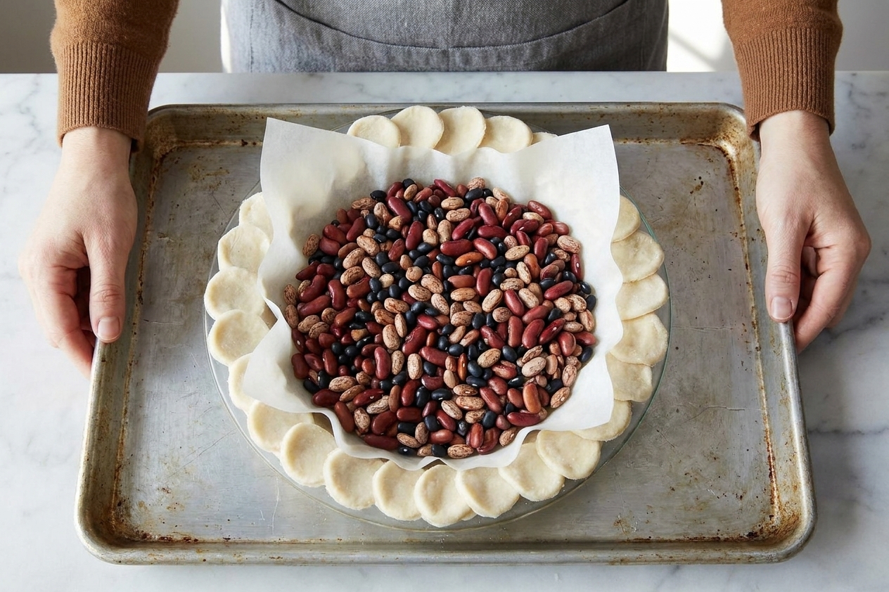 A pie crust lined with parchment paper and filled with dried beans used as pie weights, sitting on a baking sheet