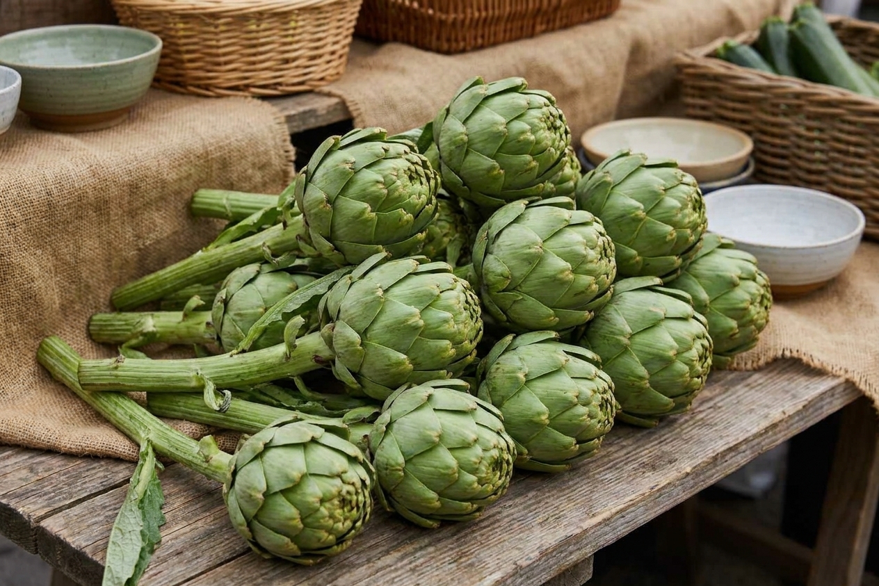 A pile of fresh green globe artichokes with stems at a farmers market stand