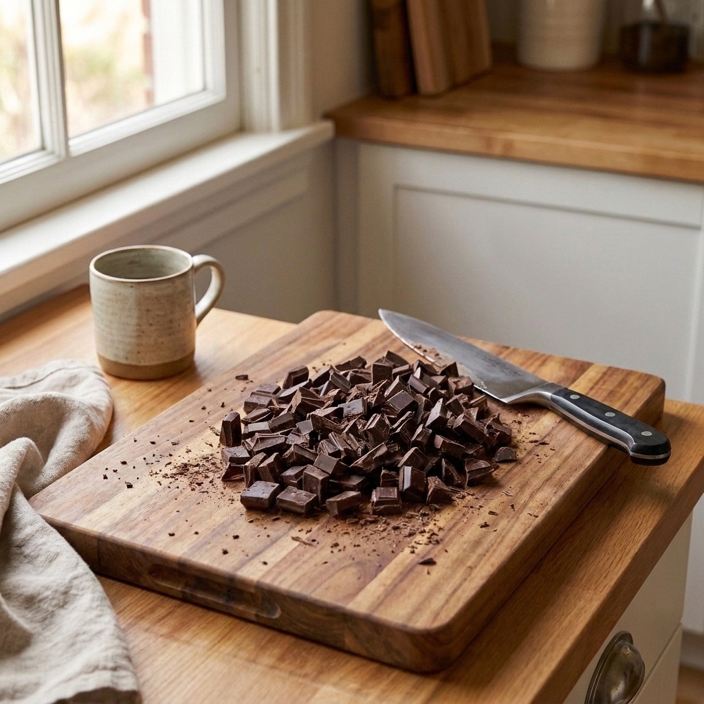A pile of roughly chopped dark chocolate on a wooden cutting board with a chef's knife beside it
