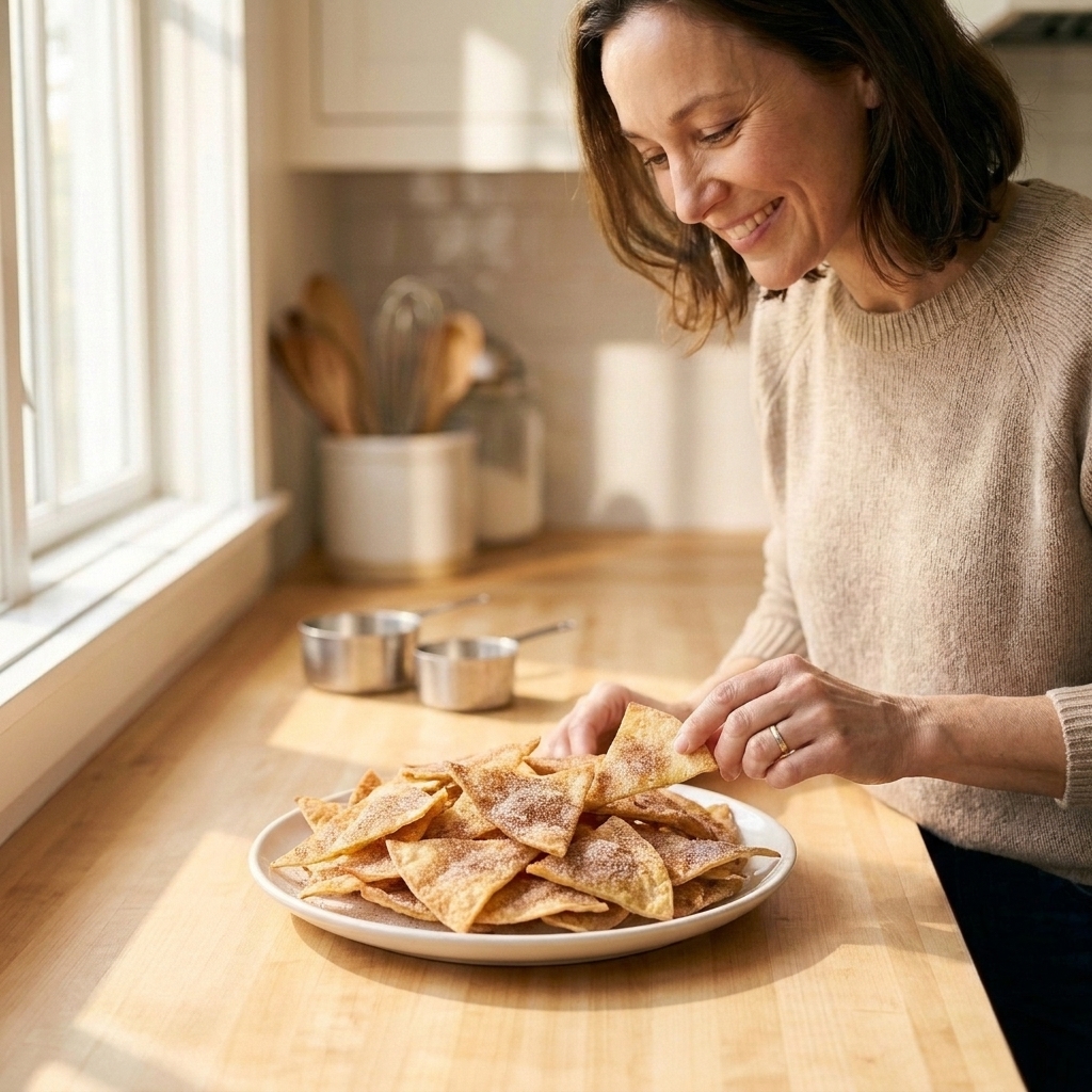 A plate of cinnamon sugar tortilla chips, golden and crisp, on a kitchen table