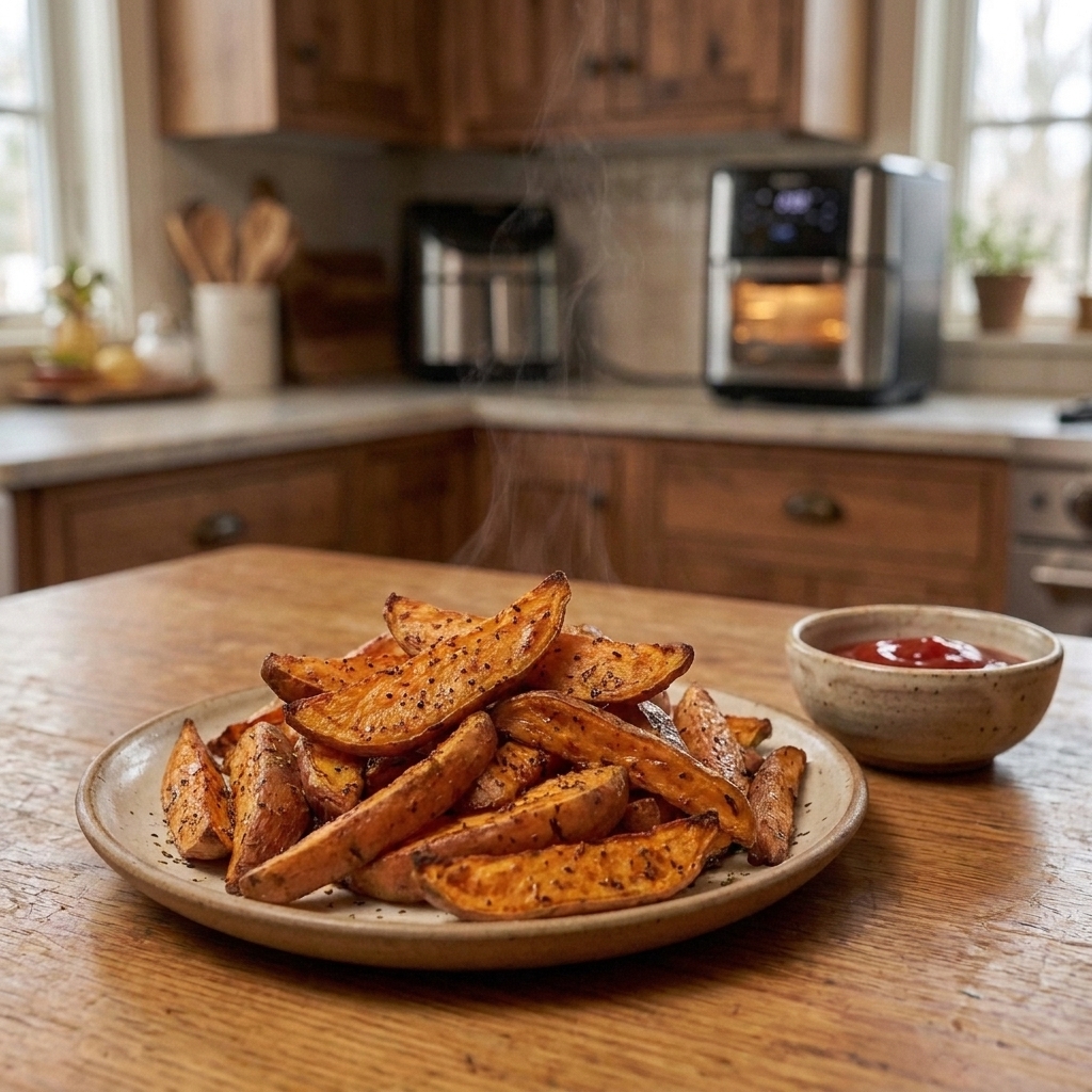 A plate of crisp air fryer sweet potato wedges with a small bowl of ketchup on the side