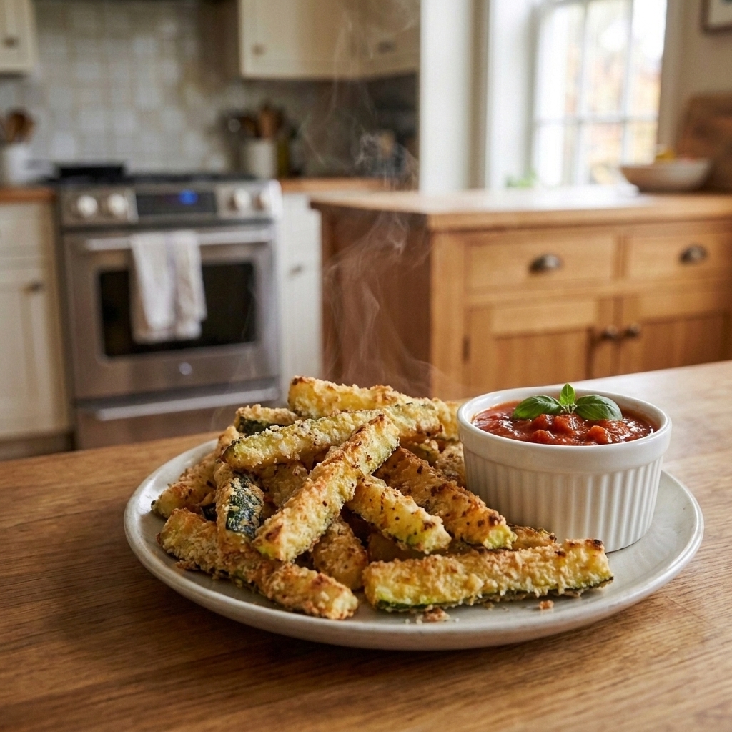 A plate of crispy zucchini fries with a small bowl of marinara dipping sauce
