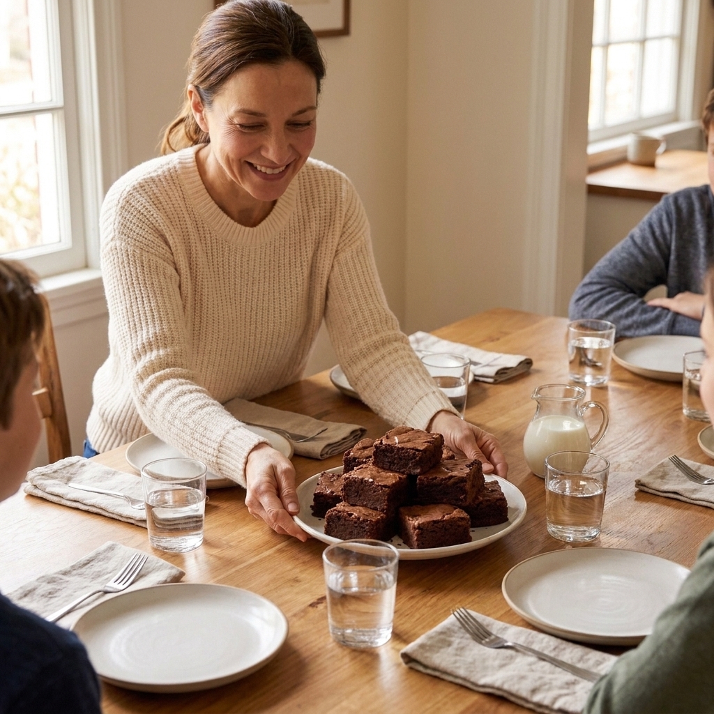 A plate of thick brownie squares set on a casual family dining table with napkins and glasses nearby