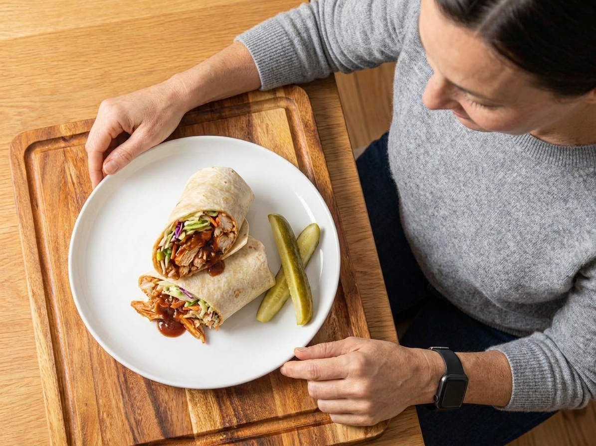 A plated BBQ chicken wrap cut in half with crunchy slaw in the center and pickle spears on the side