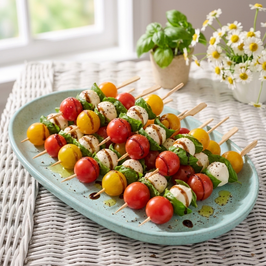 A platter of caprese skewers with cherry tomatoes, mozzarella pearls, and fresh basil leaves