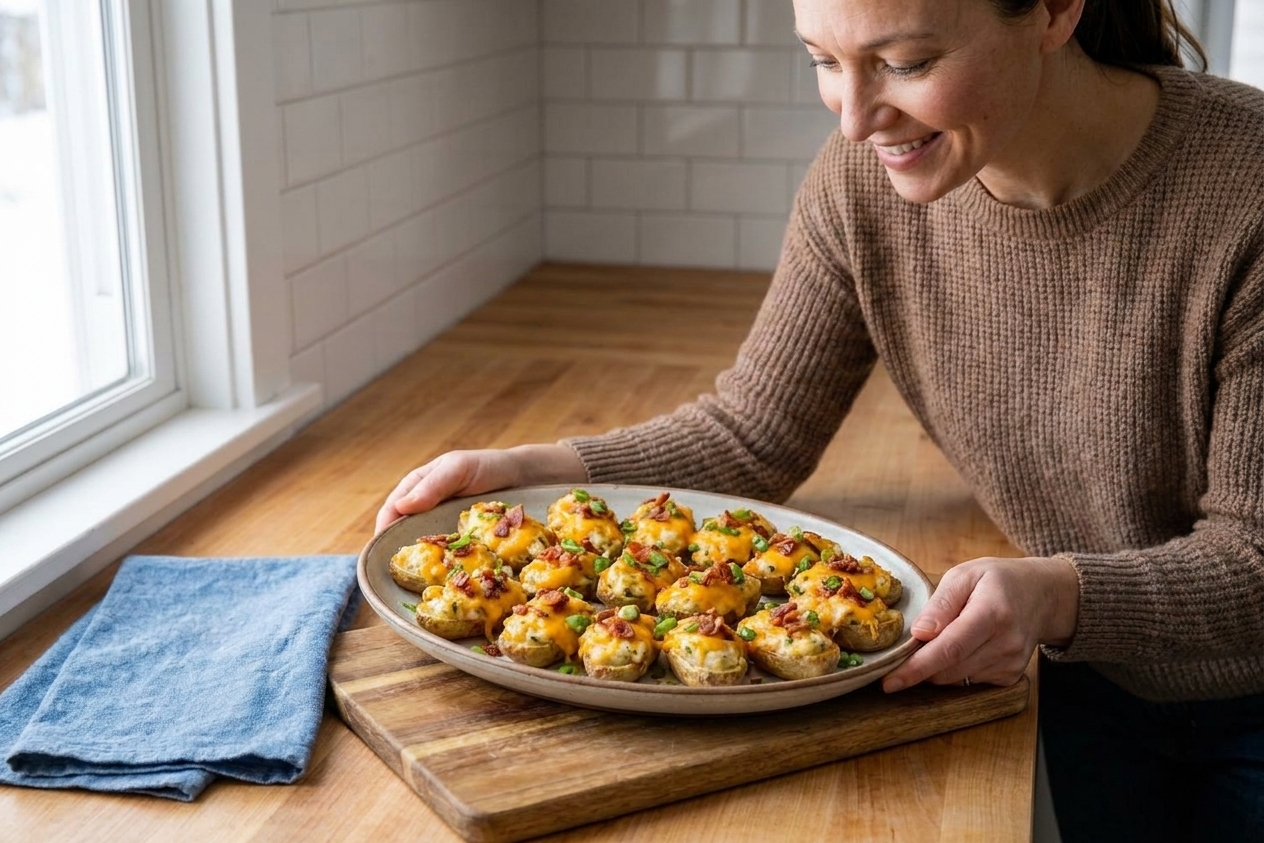 A platter of twice-baked potato bites topped with melted cheddar and bacon on a serving tray