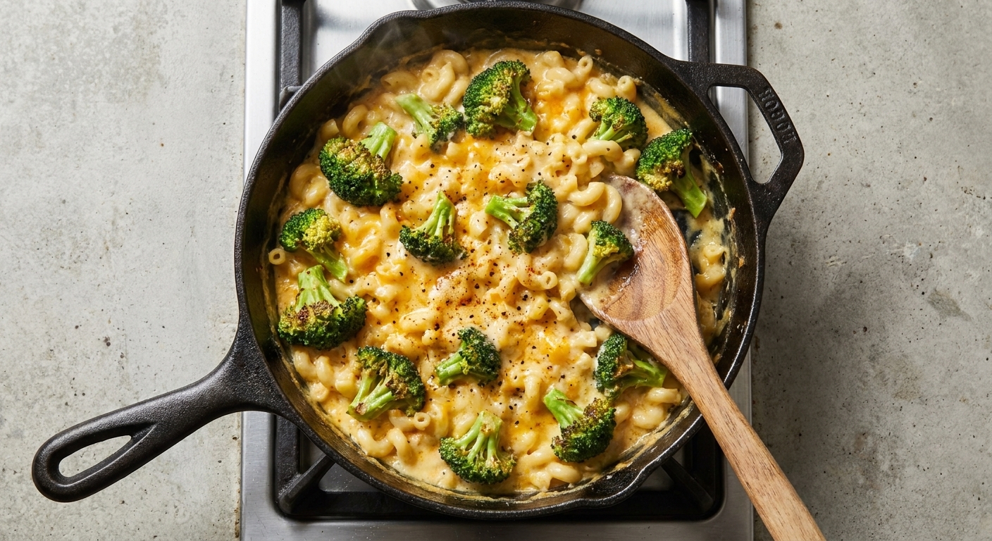 A pot of macaroni and broccoli stirred into a creamy cheese sauce on the stovetop