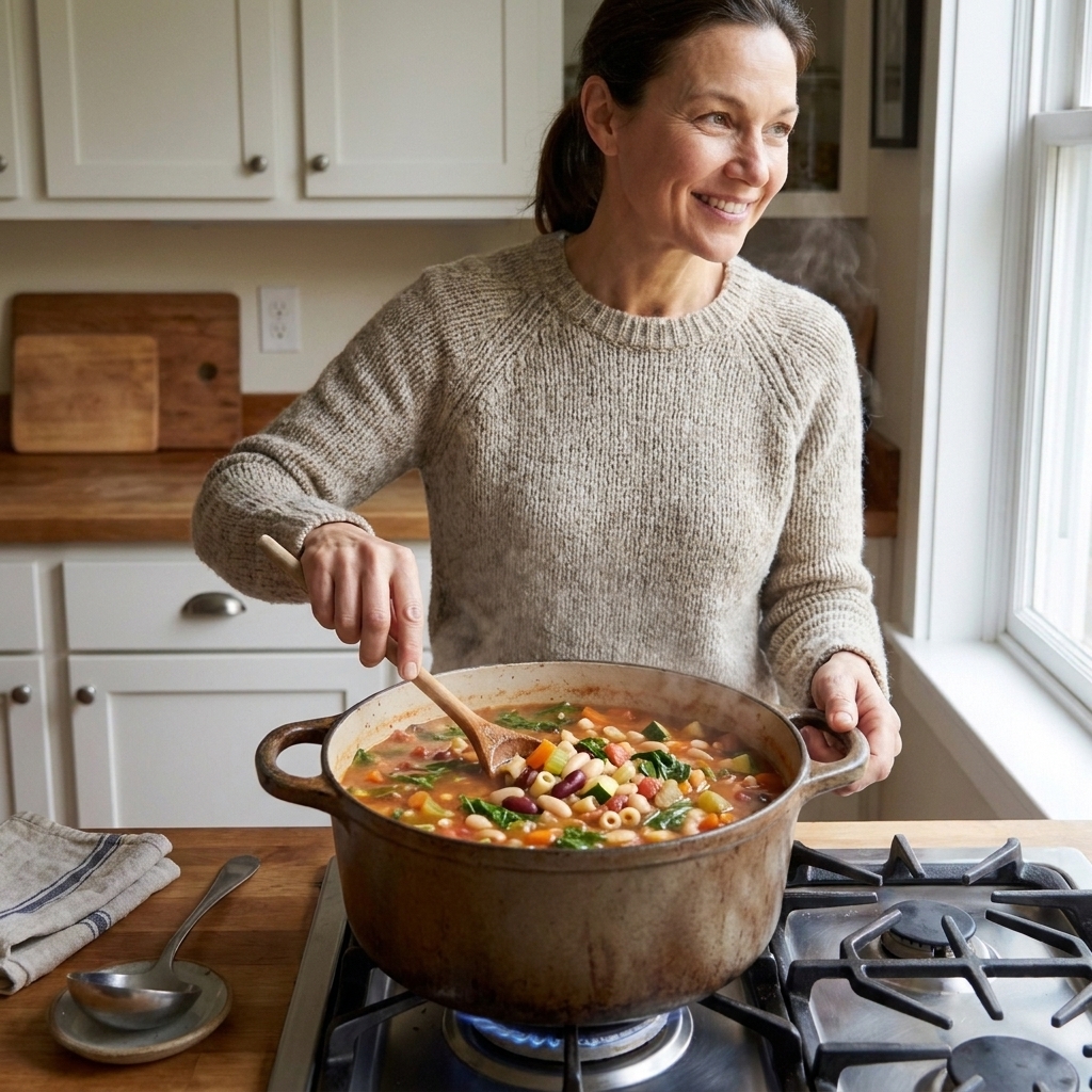 A pot of minestrone soup simmering on a stove with beans, pasta, and vegetables visible