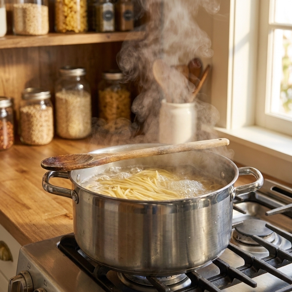A pot of pasta boiling on a stovetop with steam rising and a wooden spoon resting on the rim
