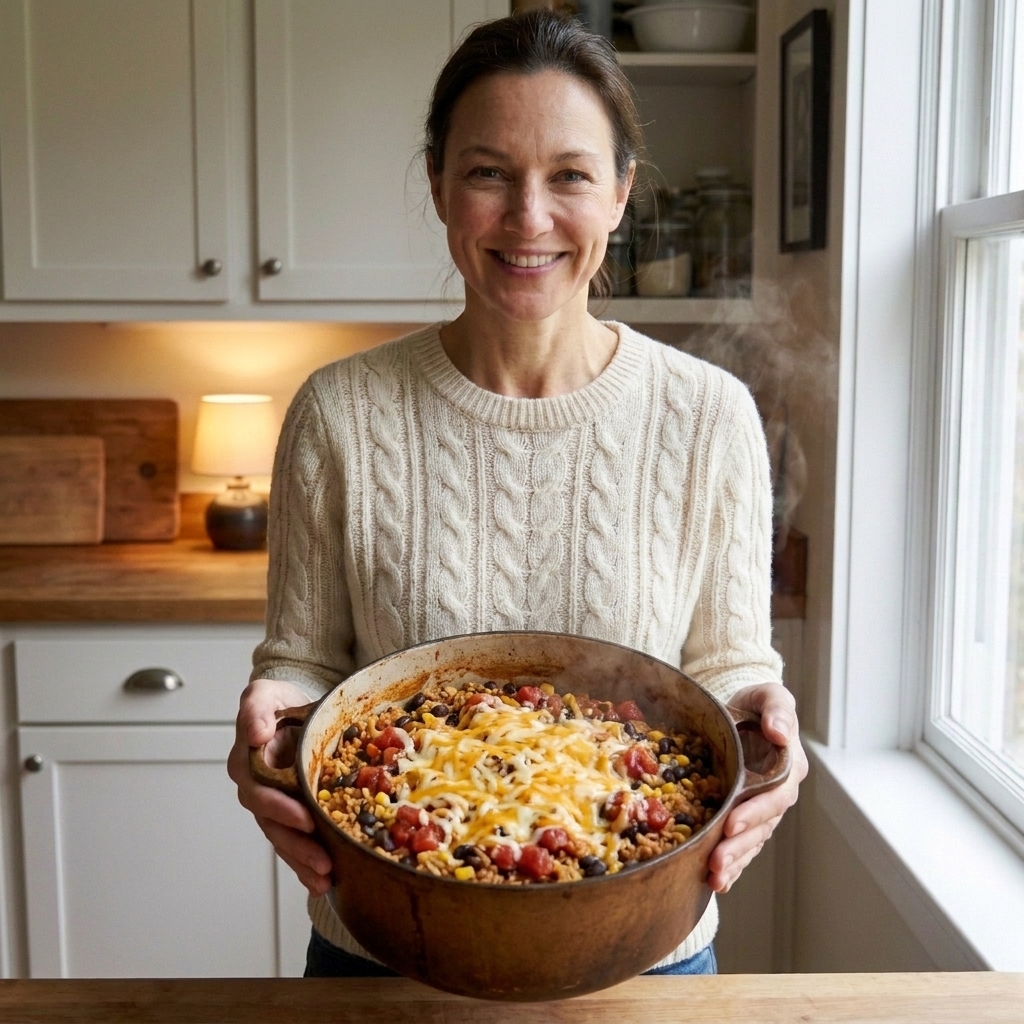 A pot of taco-style rice mixed with black beans and salsa, topped with shredded cheese