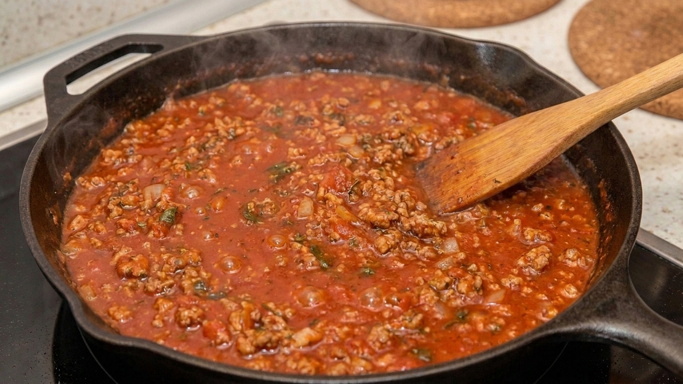 A pot of tomato-based pasta sauce simmering with browned ground turkey and visible onion and herb flecks, steam rising