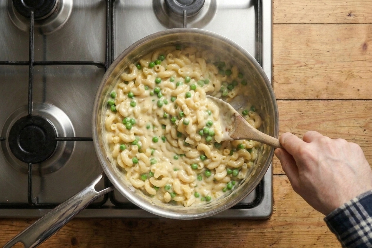A pot on the stove with creamy mac and cheese being stirred, with green peas mixed throughout