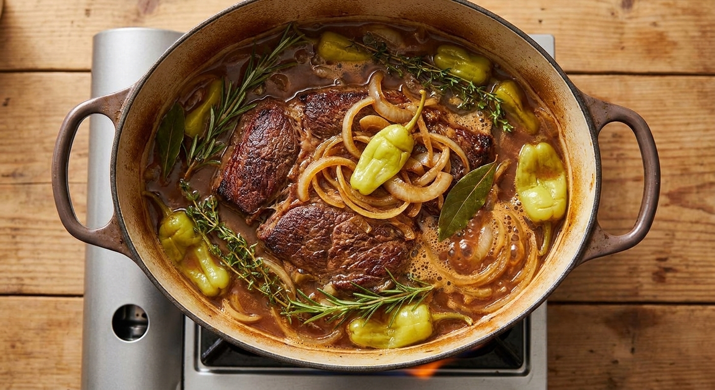 A pot roast braising with pepperoncini peppers, onions, and herbs in a deep pot