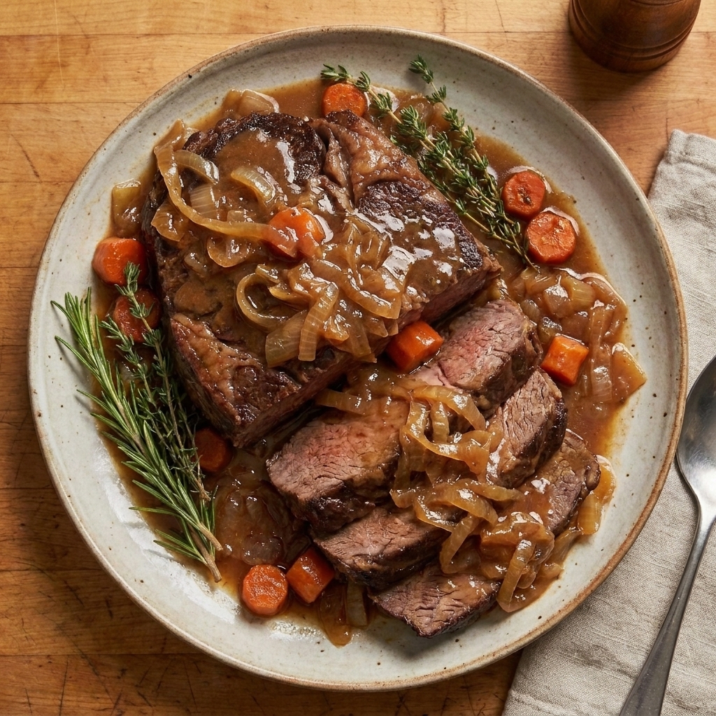A pot roast sliced on a platter with glossy onion gravy and soft cooked onions spooned over the top