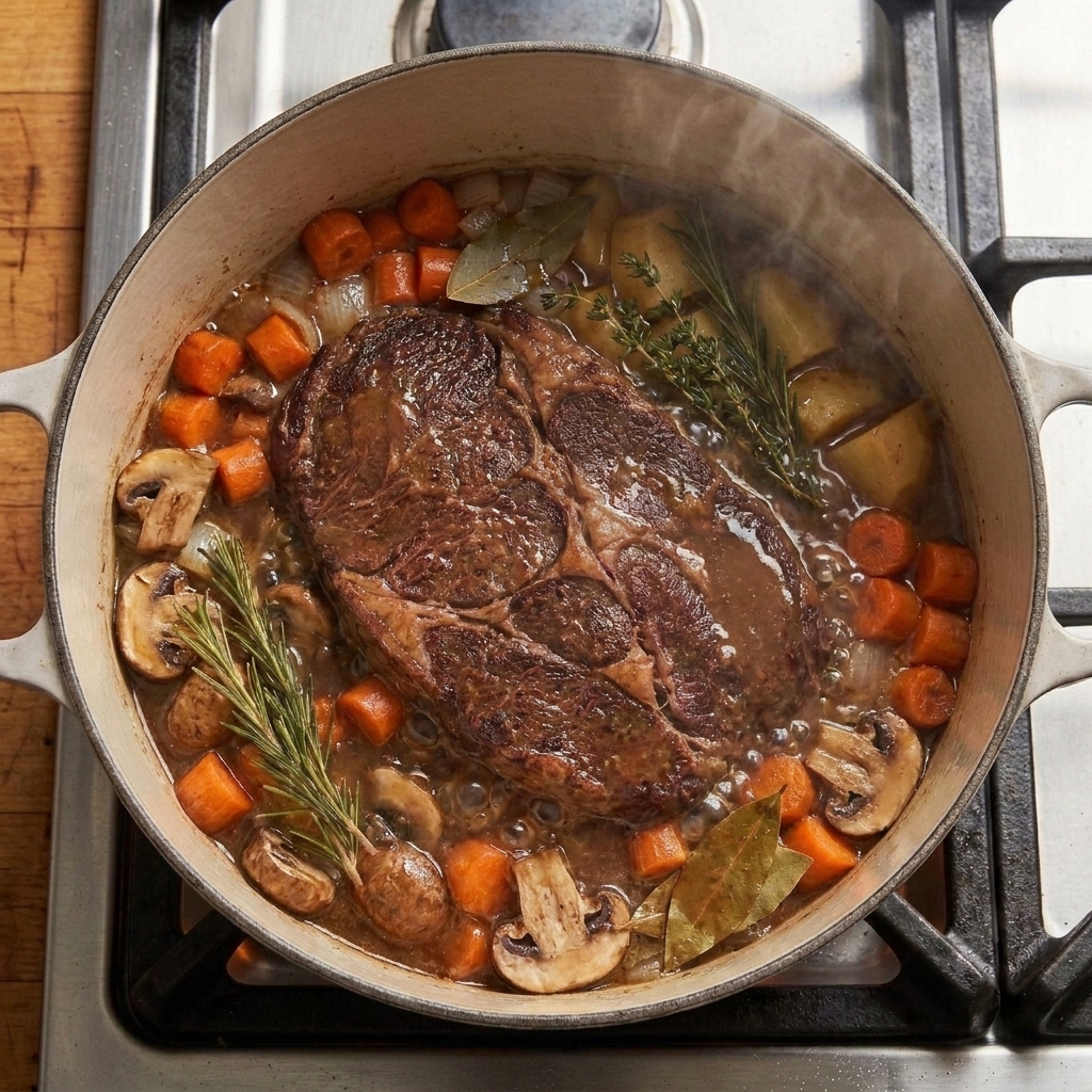A pot roast with sliced mushrooms and carrots simmering in a rich brown gravy inside a Dutch oven