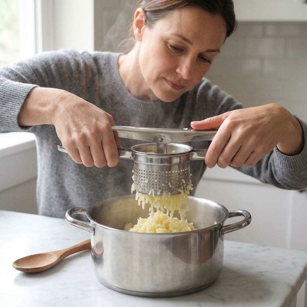 A potato ricer held over a pot with cooked potatoes being pressed through into fluffy strands