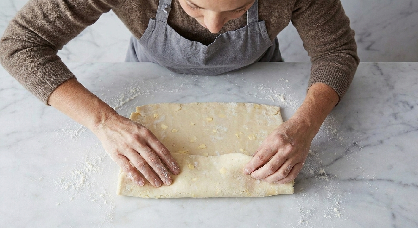 A rectangle of pie dough being folded into thirds on a lightly floured counter