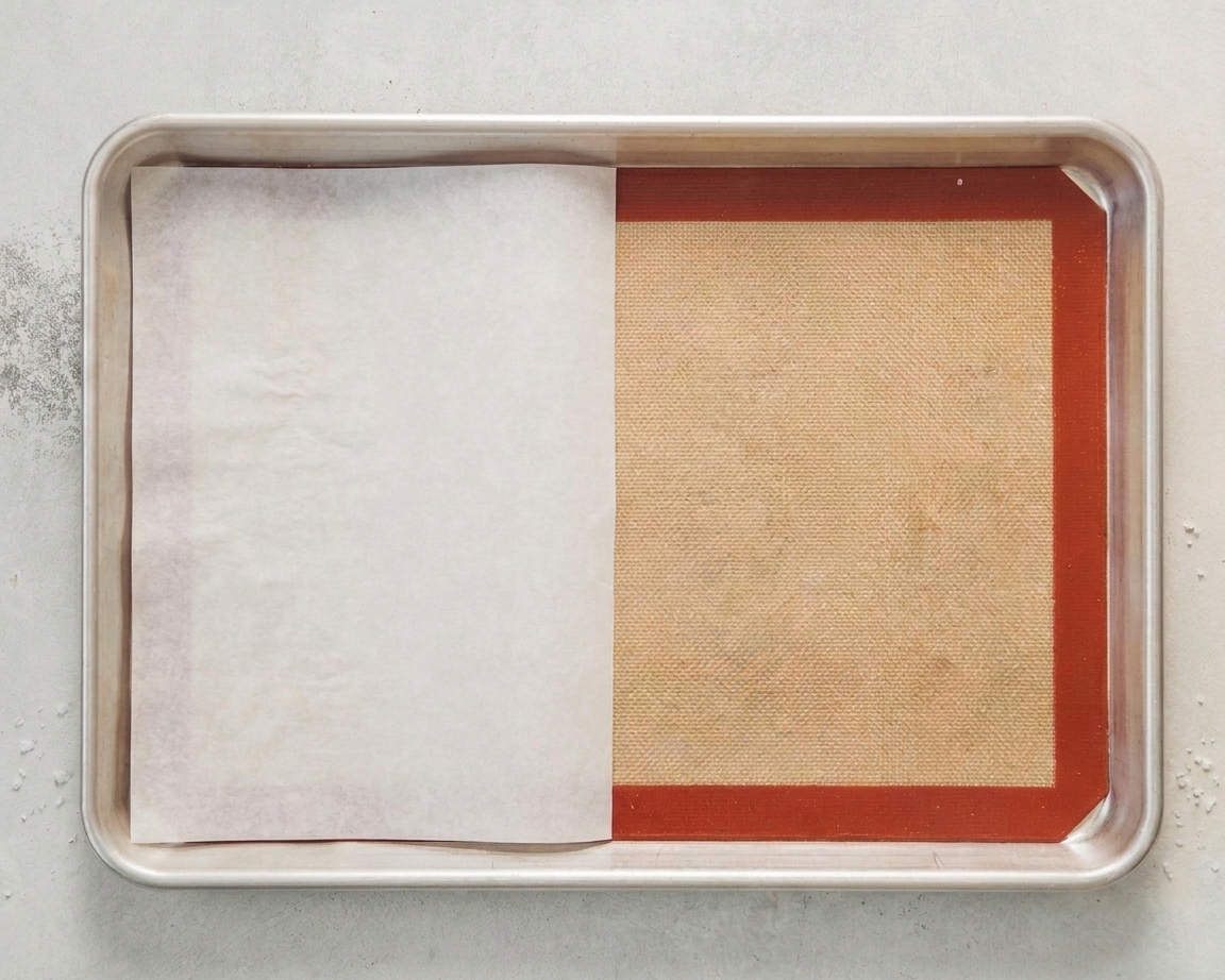 A rimmed baking sheet set on a counter with both parchment paper and a silicone baking mat shown side by side