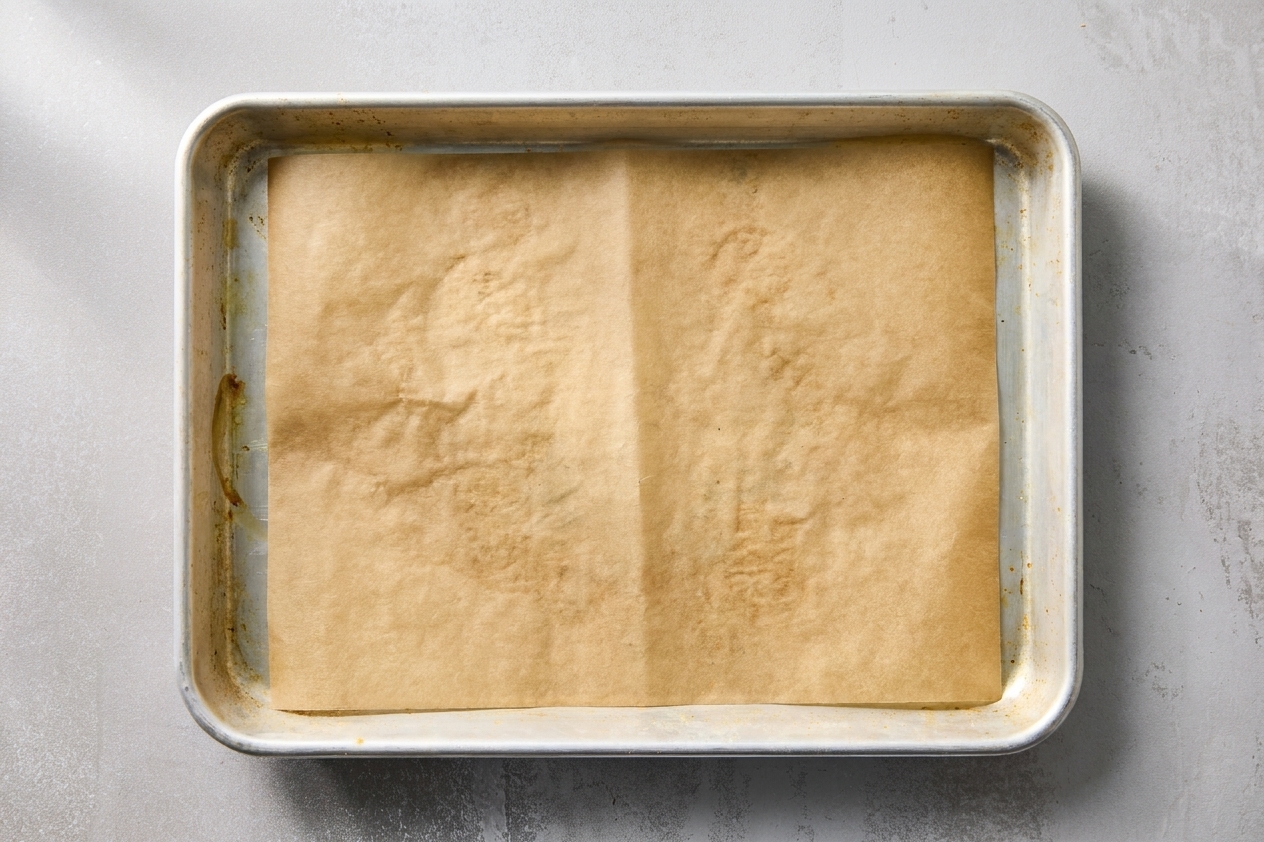 A rimmed half sheet pan lined with parchment paper on a kitchen counter, ready for ingredients