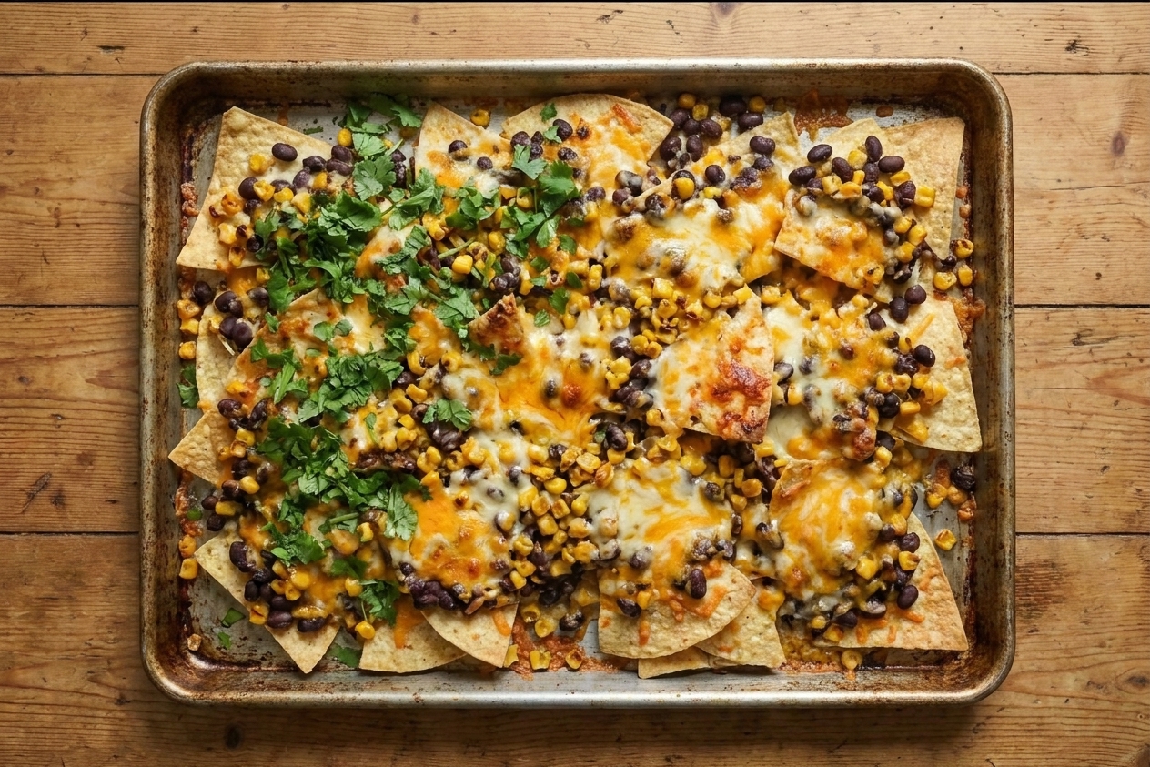 A rimmed sheet pan filled with black bean nachos topped with melted cheese and corn, with fresh cilantro sprinkled on one corner
