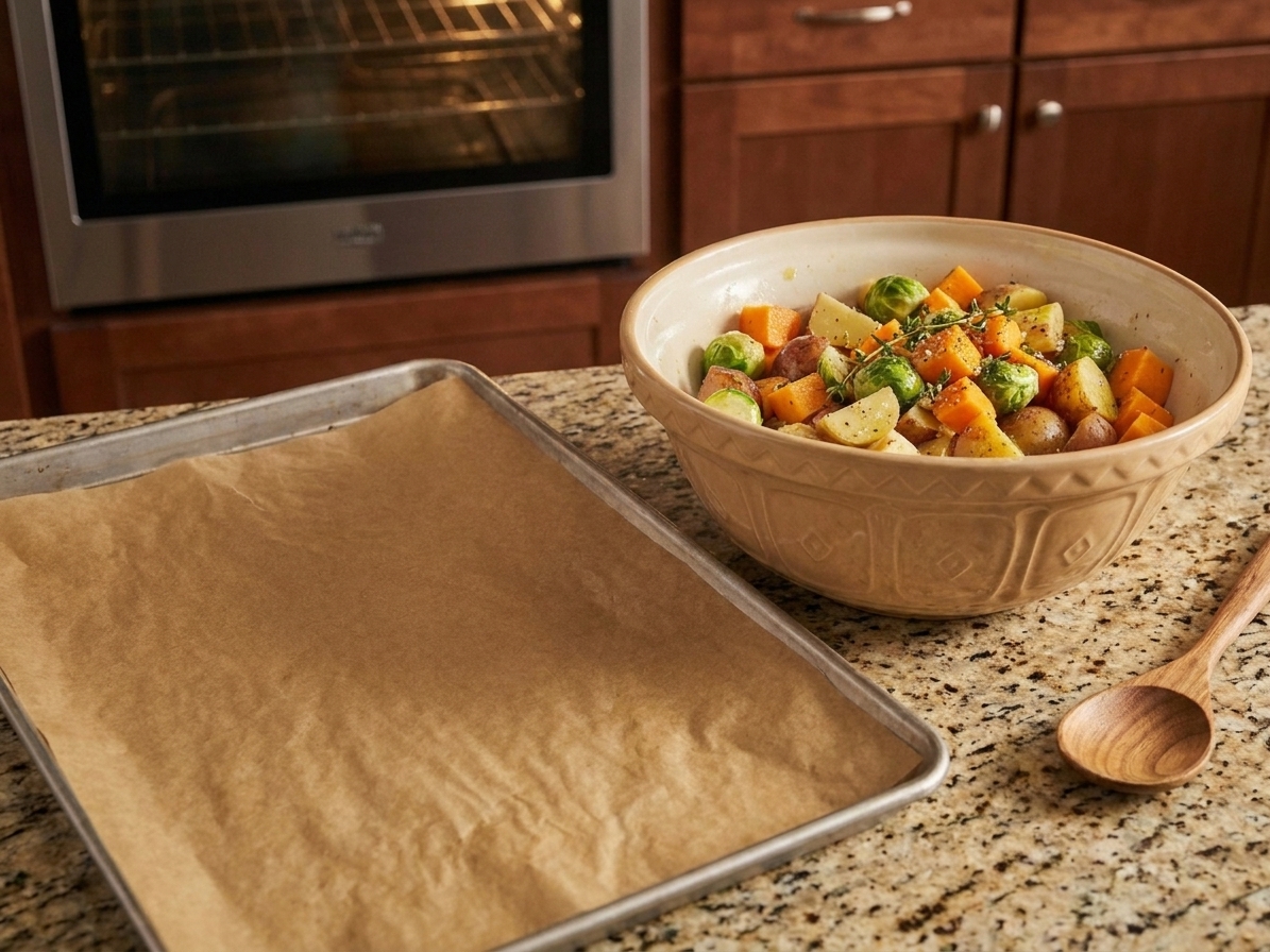 A rimmed sheet pan lined with parchment paper on a kitchen counter next to a bowl of seasoned vegetables