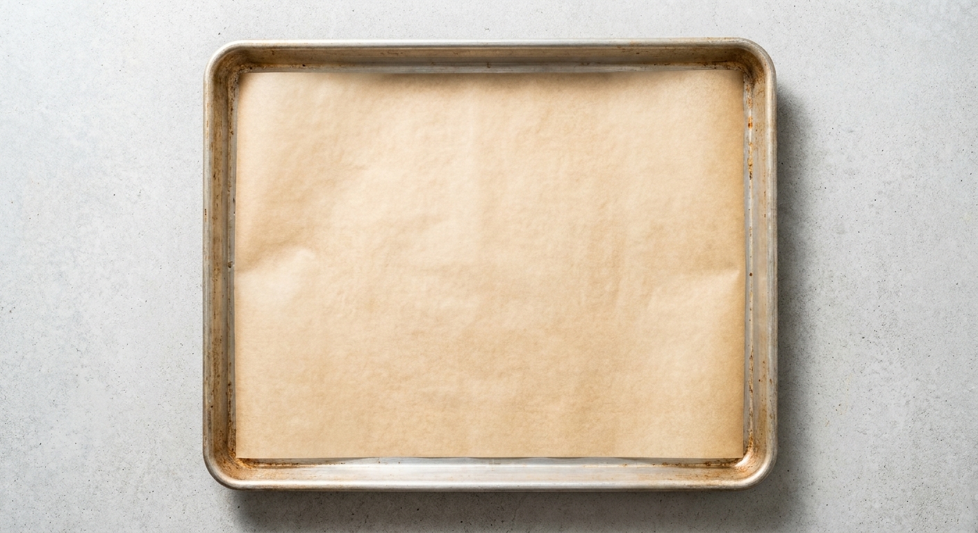 A rimmed sheet pan lined with parchment paper, ready for roasting