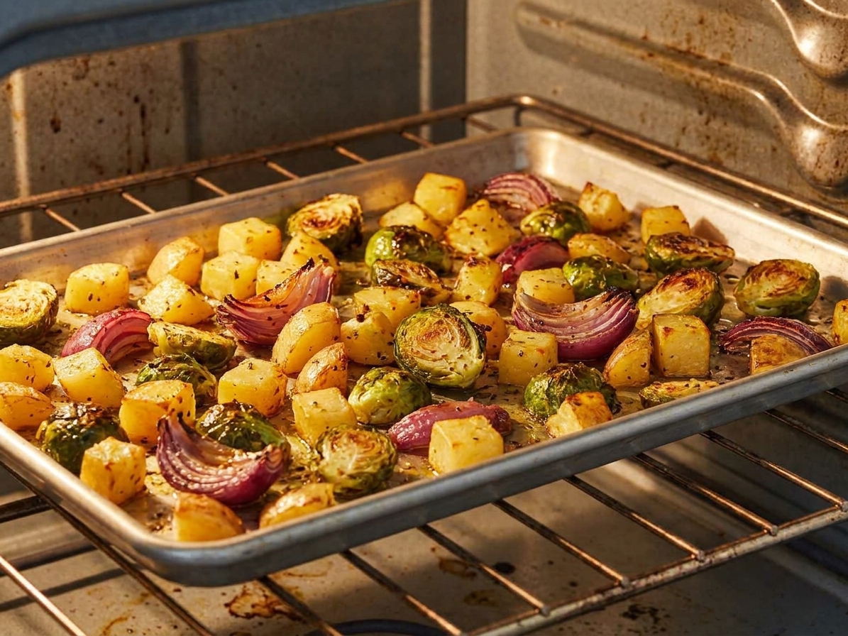 A rimmed sheet pan with chopped potatoes, Brussels sprouts, and red onion roasting on an oven rack