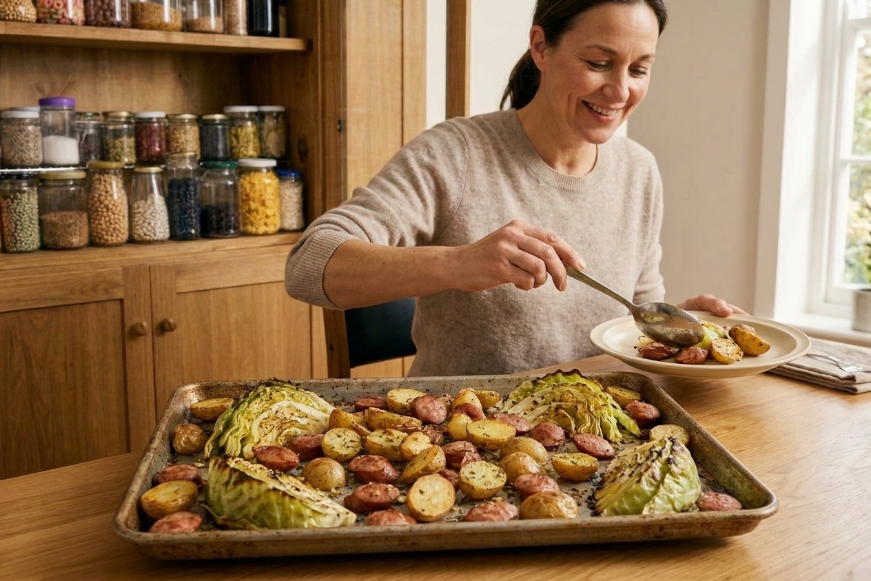 A roasted sheet pan dinner with sliced sausage, browned potatoes, and wilted cabbage on a metal baking sheet