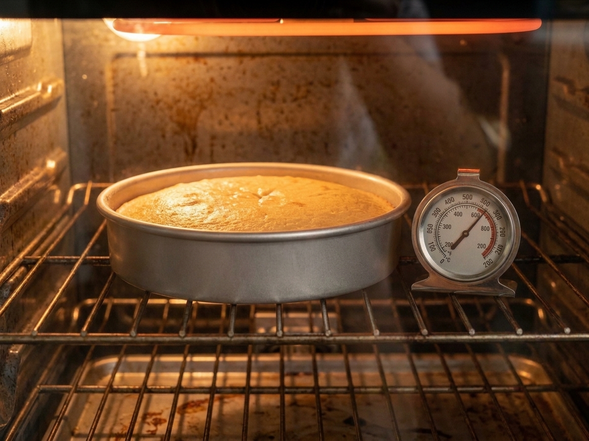 A round cake baking in the oven seen through the glass door with the oven light on