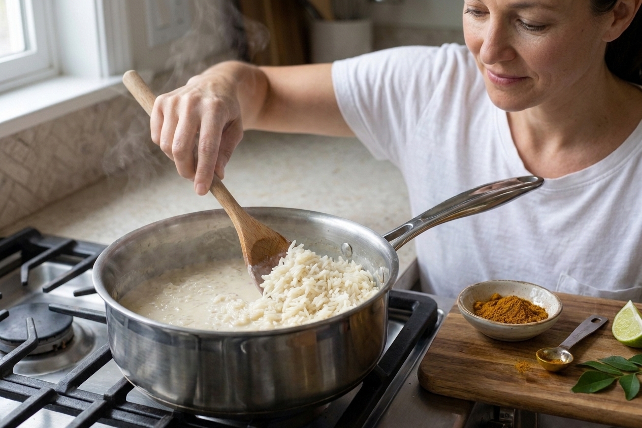A saucepan of white rice with coconut milk being stirred with a wooden spoon, with curry powder nearby