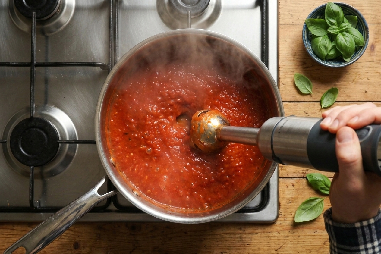 A saucepan on the stove with marinara sauce being blended with an immersion blender, with steam rising