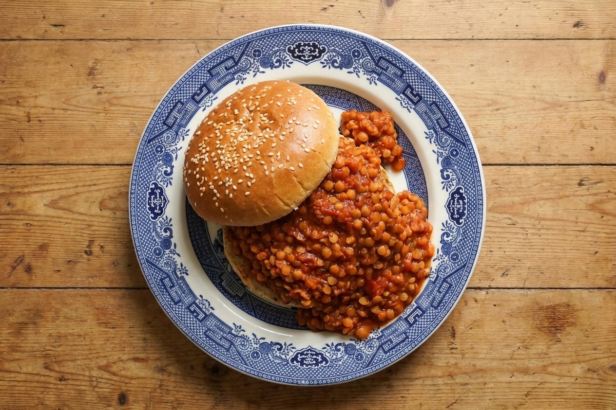 A saucy lentil sloppy joe piled high on a hamburger bun on a simple plate